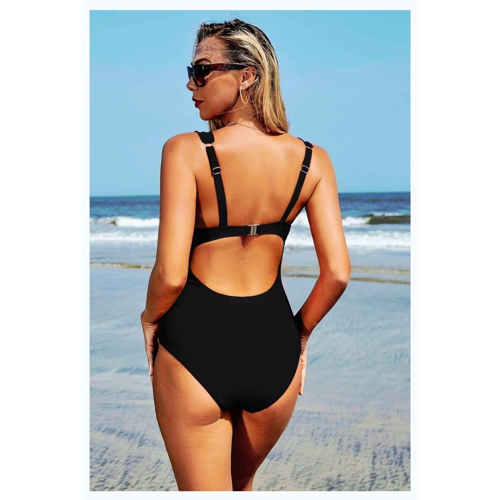 One Piece Swimsuit Womens M Black New Ruffled Square Neck Ruched Cutout Back - Picture 2 of 2
